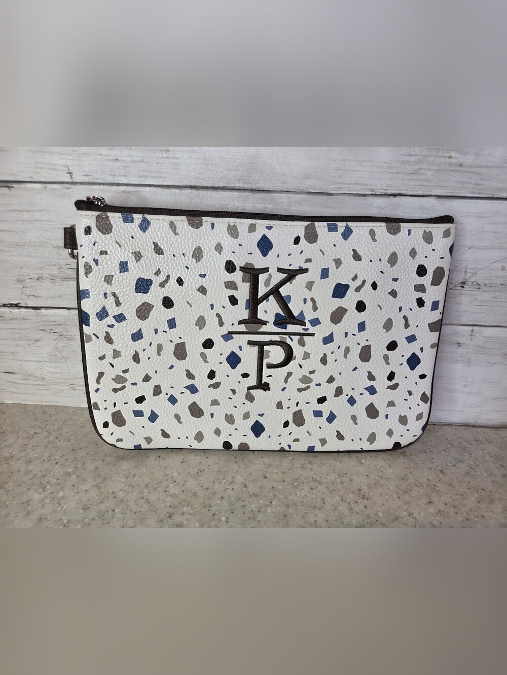 Thirty-One Jewell Zipper Pouch KP Monogram Speckled Terrazzo Wristlet Clutch